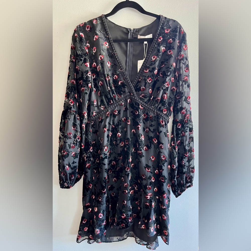 NWT WAYF Black Floral Velvet Dress